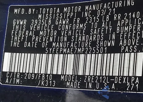 2021 Toyota Corolla Le z USA, uszkodzony, nr VIN 5YFEPMAE7MP225501